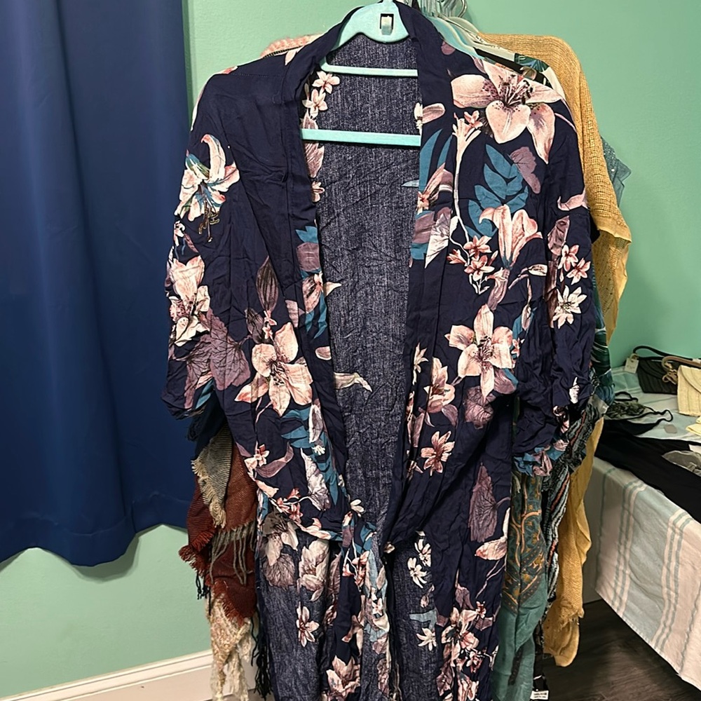 Navy Floral boho summer swim Coverup one size fits size S-2X